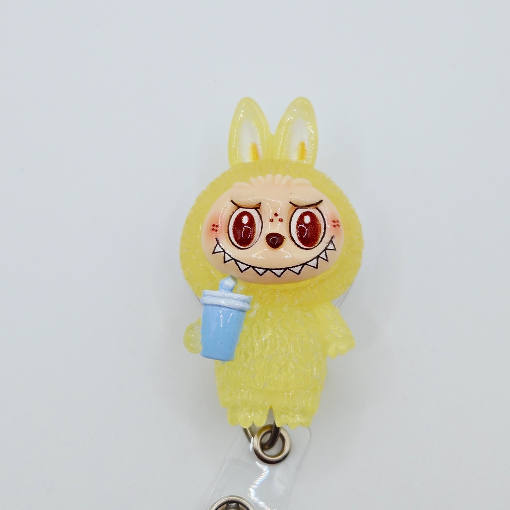 Glow In The Dark Yellow Labubu Character Badge Reel Belt Or Alligator Clip
